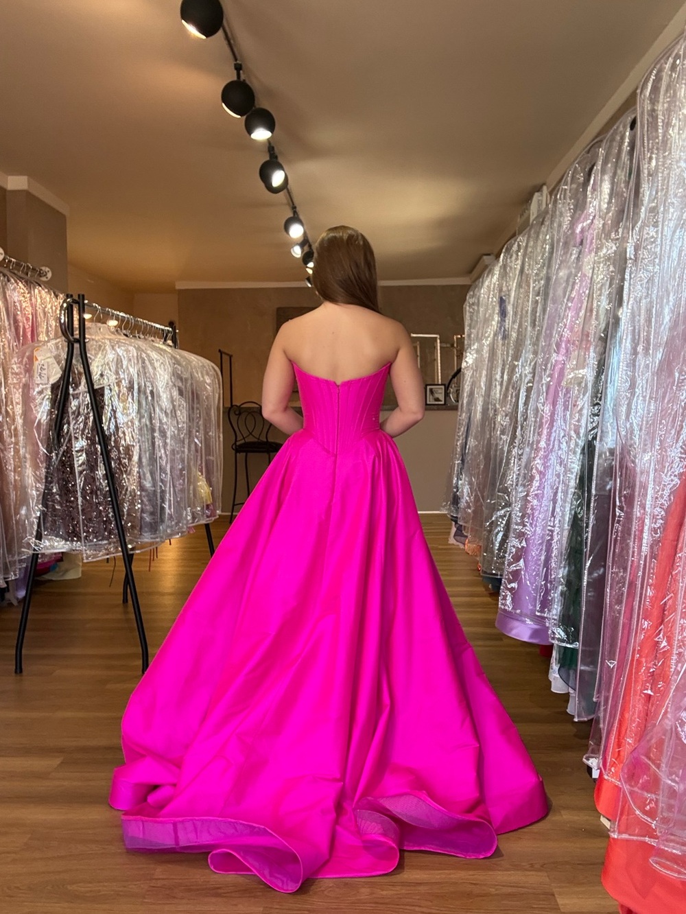 Sherri Hill- Strapless Hot Pink Evening Ball Gown with Front Slit - Picture 2 of 2